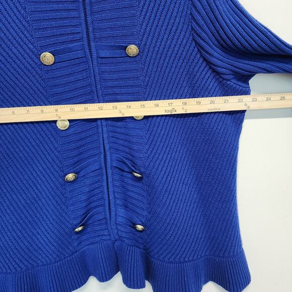 Roamans Gold Button Cardigan Size L 18/20 Ruffle Hem Neck Nautical Coastal Blue - Picture 9 of 11